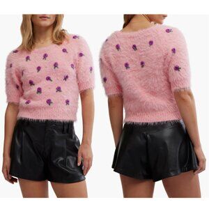 Free People Winter Blooms Appliqué Short Sleeve Pink Sweater Size S